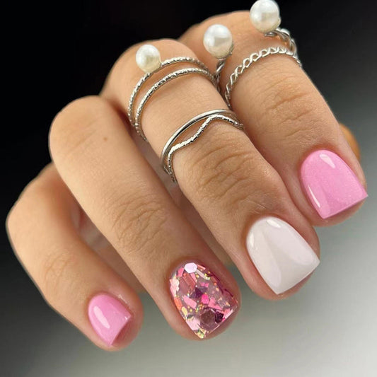 The Fun Part Short Square Pink Glitter Press On Nails