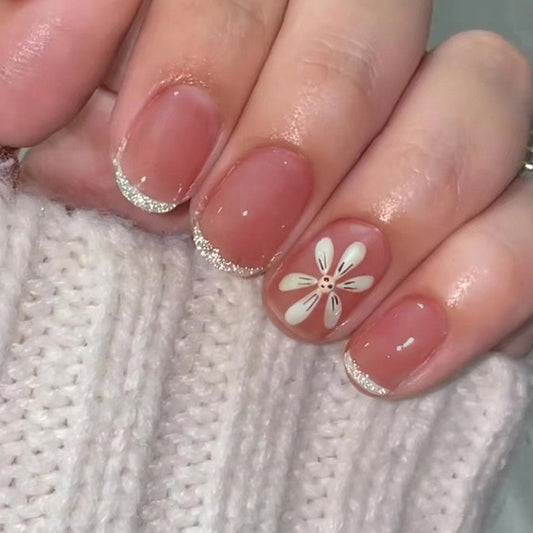 Playful Daisy Short Oval Silver French Tips Press On Nails