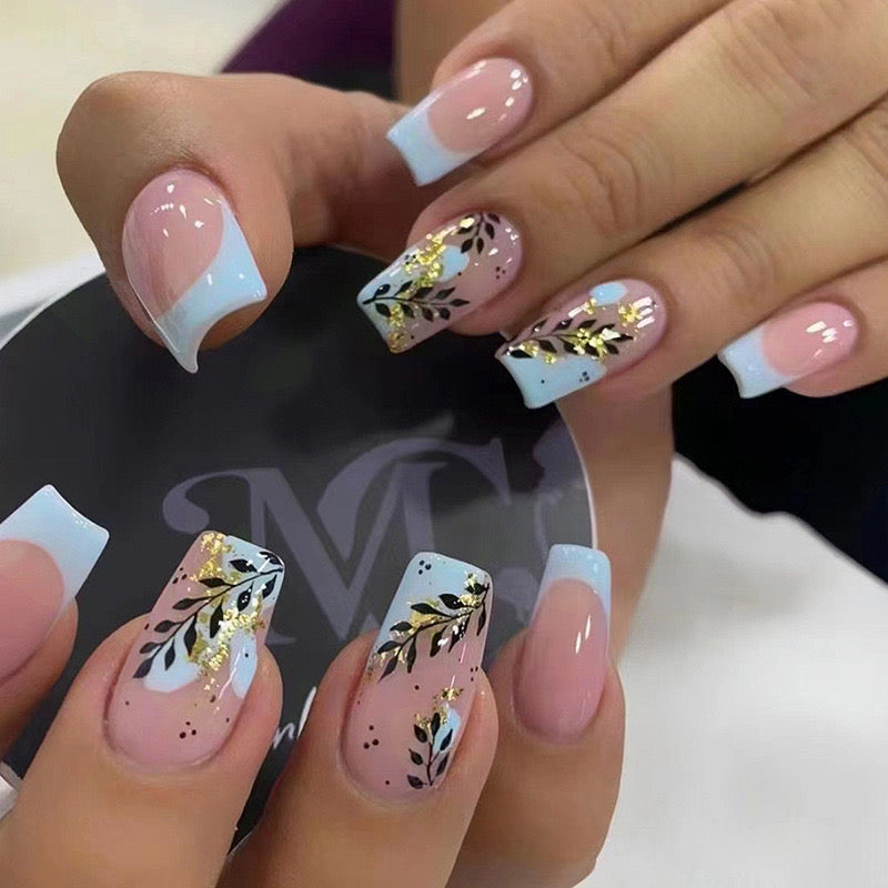 English Island Medium Coffin Blue Floral Press On Nails