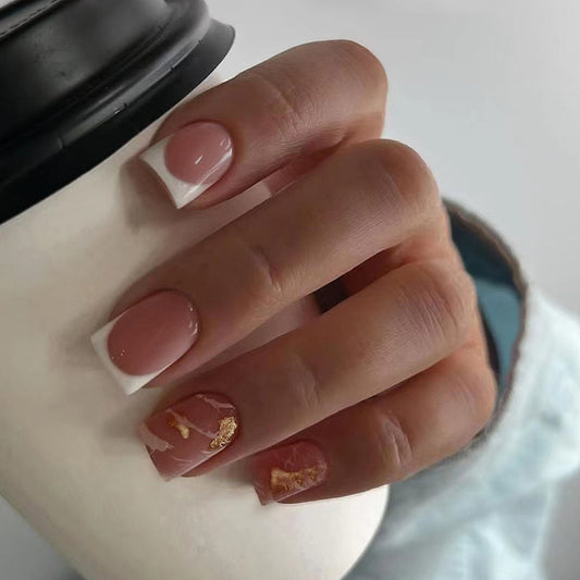 Parfait Short Square Beige Marble Press On Nails