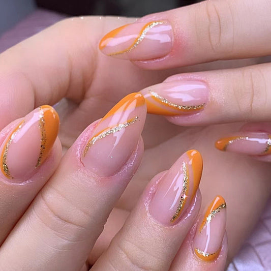 Distance Away Medium Oval Orange Glossy Press On Nails