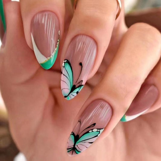 Butterfly Clips Medium Almond Green Spring Press On Nails