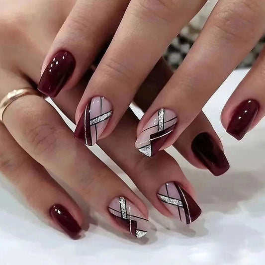 Piece Of Work Short Square Red Geometric Press On Nails