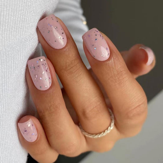 Terrazzo Accent Short Square Pink Glitter Press On Nails