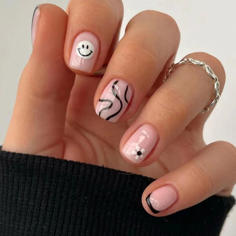 Camera Smile Short Squoval Beige Cartoon Press On Nails