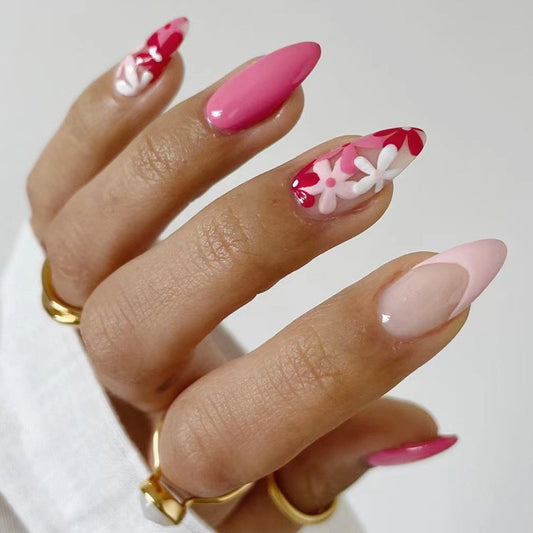 Small Island Medium Almond Pink Floral Press On Nails