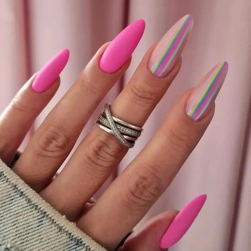Considering Fun Long Oval Pink Bold Press On Nails