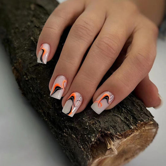 Strange Sonic Short Square Orange Marble Press On Nails