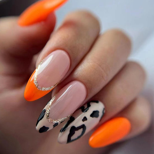 Weekend Mama Medium Oval Orange Leopard Press On Nails