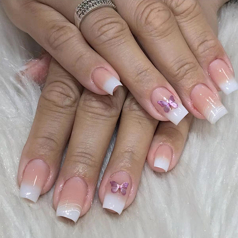 Dipped And Fitted Medium Square White Butterfly Press On Nails