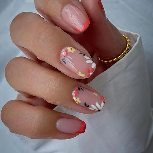 Cote De Azur Short Square Pink Floral Press On Nails