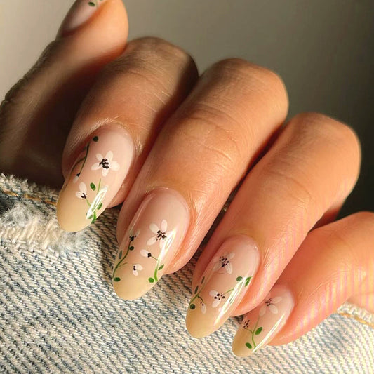 New Thing Medium Oval Beige Floral Press On Nails