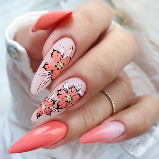 Big Island Long Oval Pink Floral Press On Nails