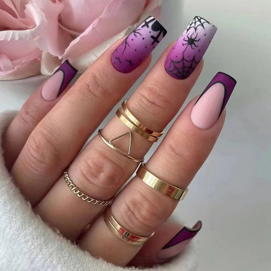 Spooky Spiders Medium Coffin Purple Halloween Press On Nails