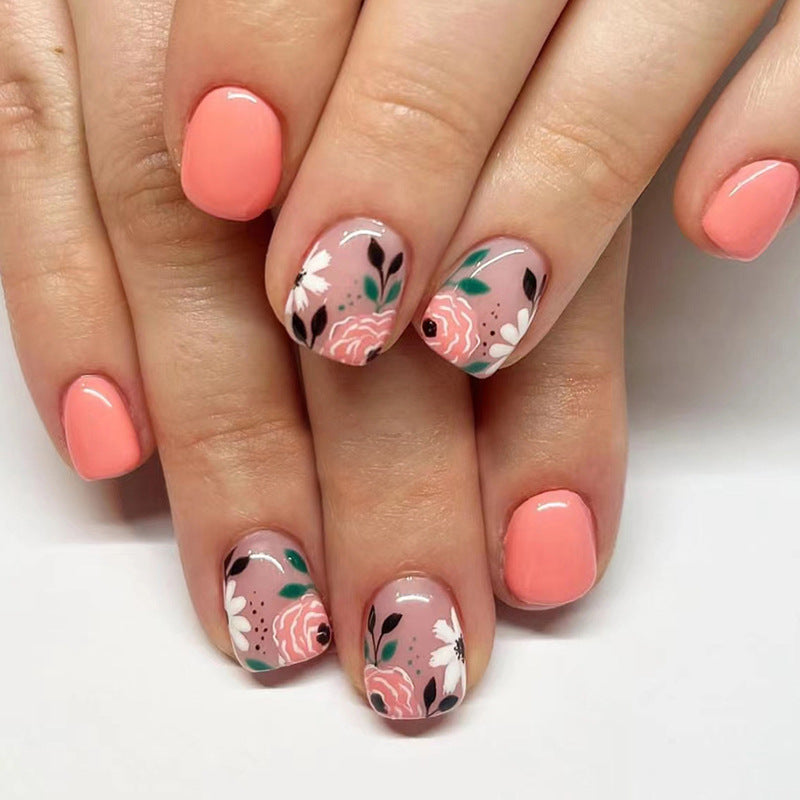 Little Dry Short Squoval Pink Floral Press On Nails