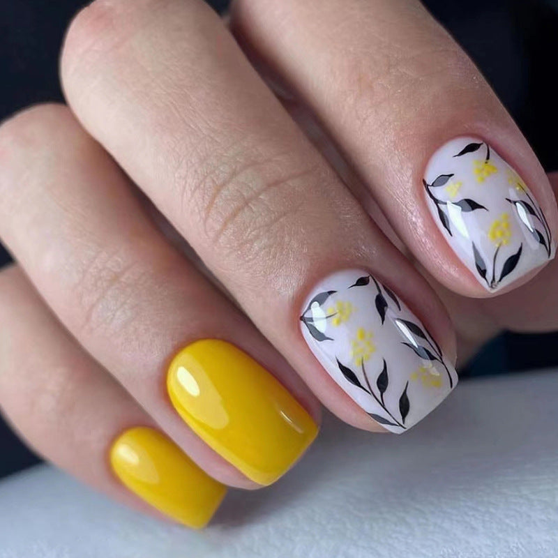 All Day Short Square Yellow Floral Press On Nails