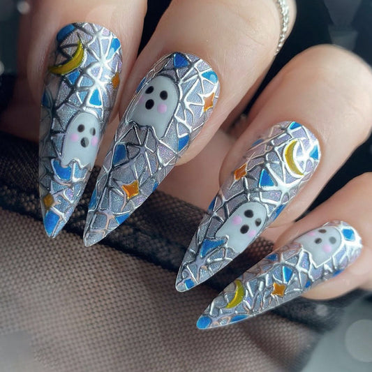 Boo Mosaic Long Stiletto Blue Halloween Press On Nails