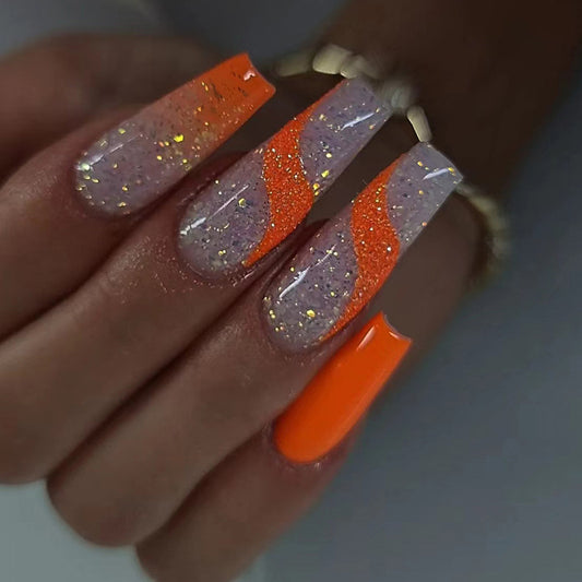 Emotionally Mature Long Coffin Orange Bold Press On Nails