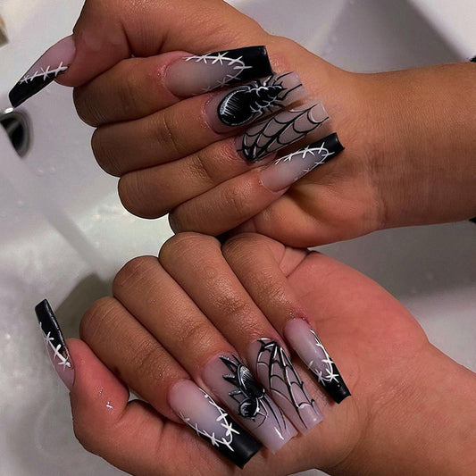 Spider Heat Long Coffin Black Halloween Press On Nails