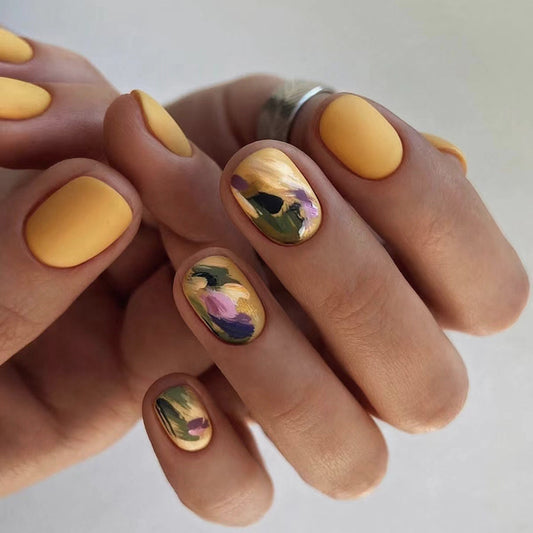 Watercolor Tulips Short Squoval Yellow Floral Press On Nails