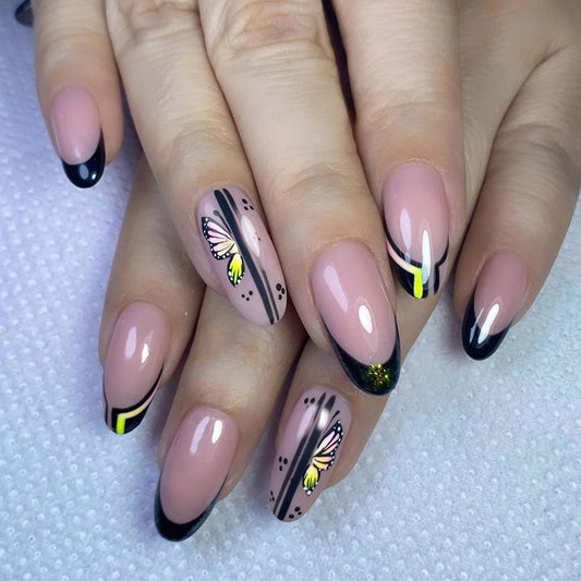 Fluid Medium Oval Beige Butterfly Press On Nails