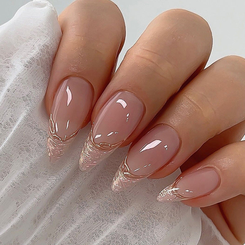 Milan Drip Medium Stiletto Beige Glossy Press On Nails