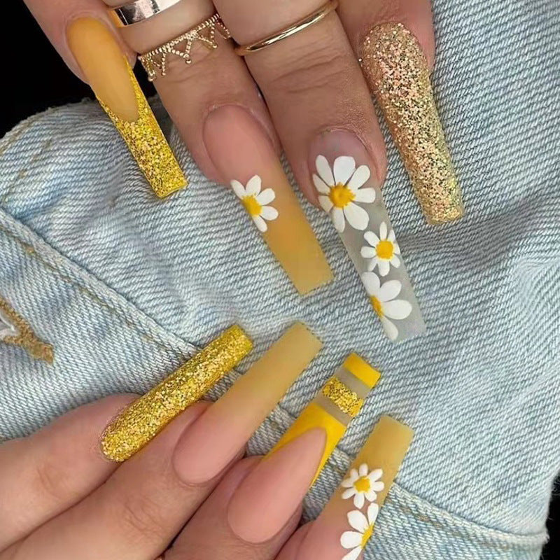 Daisy Happenings Long Coffin Yellow Spring Press On Nails