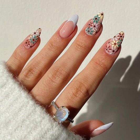 Manic Flowers Medium Almond Multicolor Vacation Press On Nails