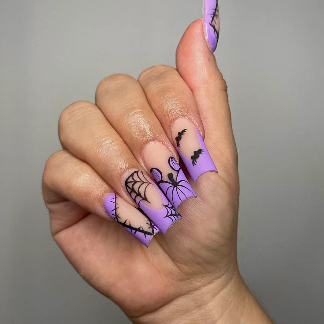 Spider Side Medium Square Purple Halloween Press On Nails