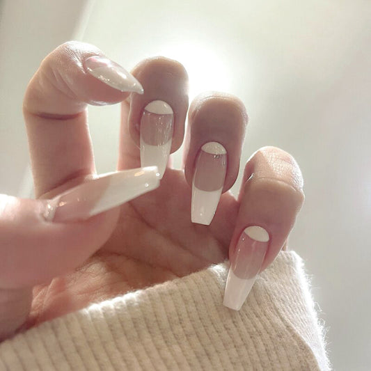 Rolled Around In Ribbon Long Coffin White French Tips Press On Nails