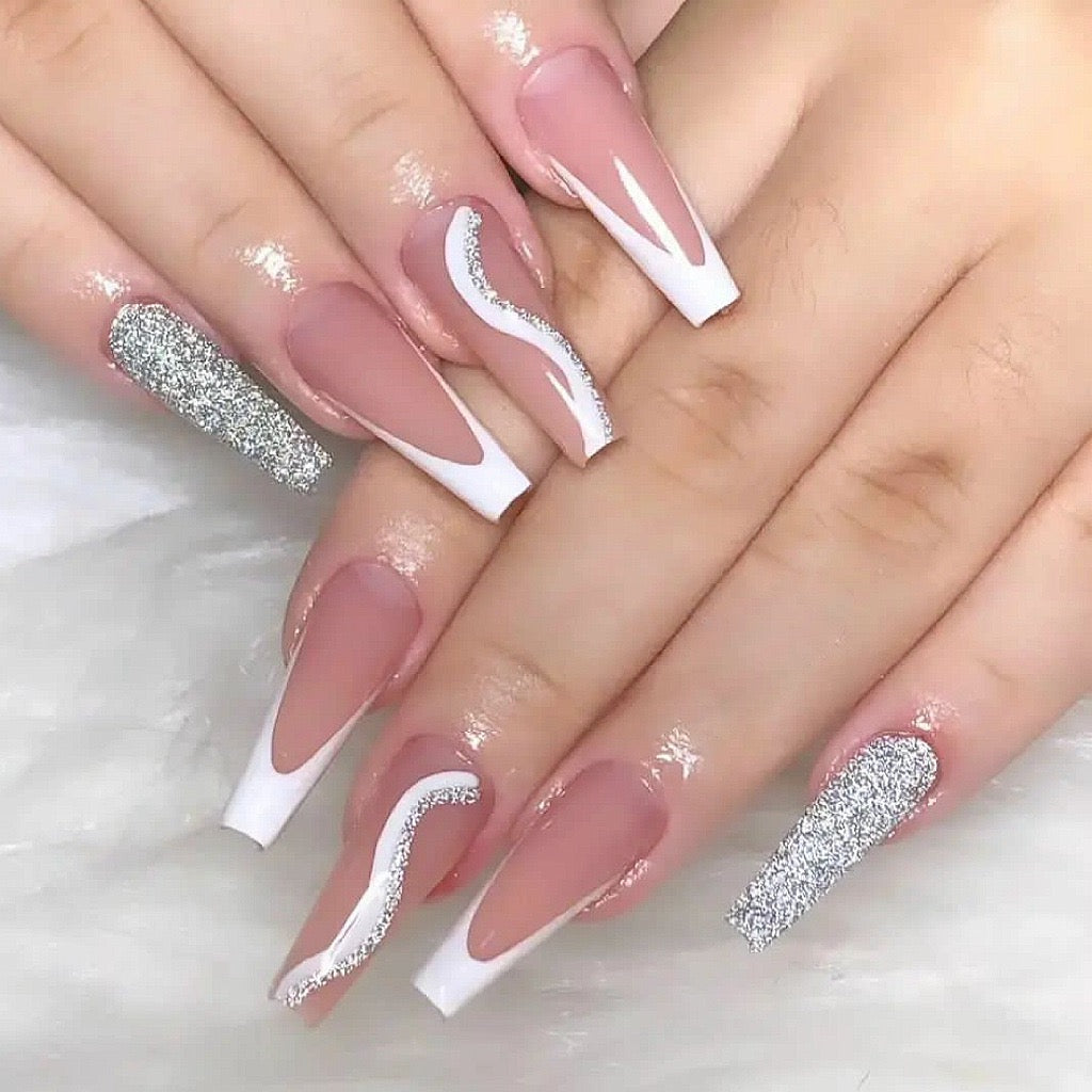 Brokenhearted Long Coffin White Glam Press On Nails