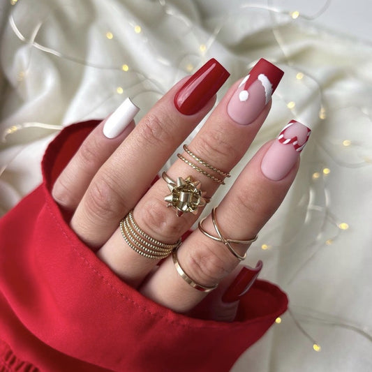 Santa Hat Medium Coffin Red Holiday Press On Nails