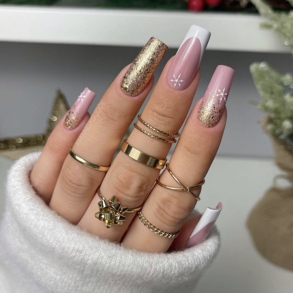 Snowflake Academy Long Coffin Pink Winter Press On Nails