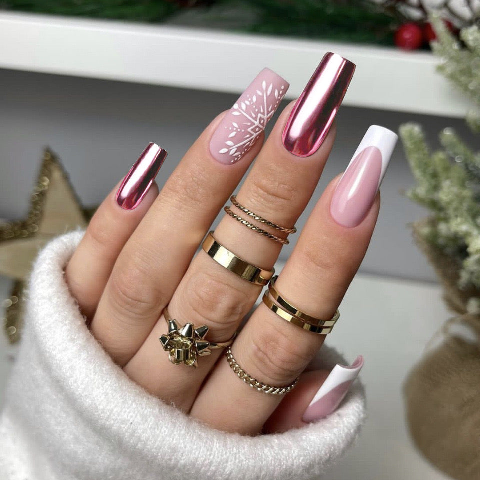 Festive Long Stiletto Pink Press On Nails with Metallic Accents and Delicate Artwork