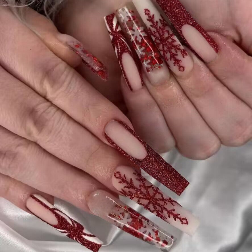 Winter Wonderland Long Coffin Red and Clear Press-On Nails with Snowflake Design and Glitter