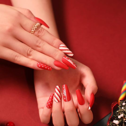 Candy Cane Magic Long Coffin Red Winter Press On Nails