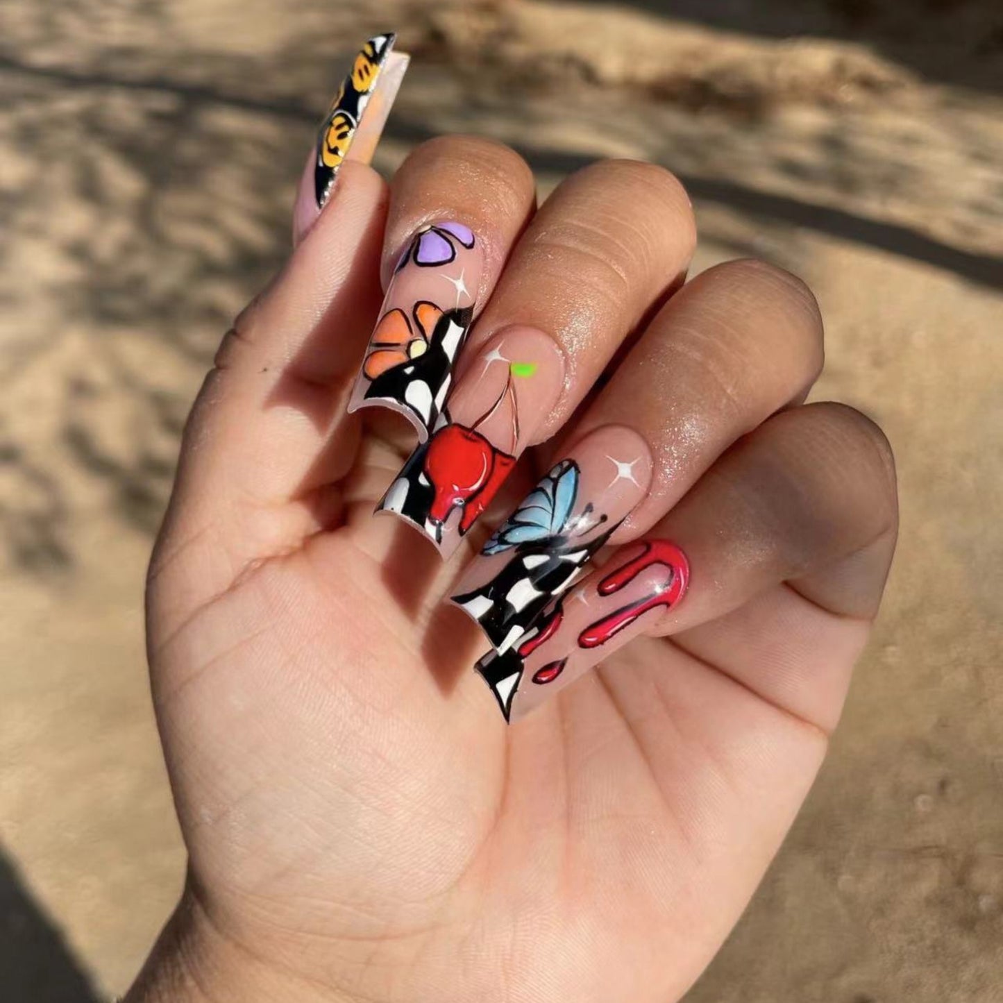 Comically Painted Long Square Multicolor Cartoon Press On Nails