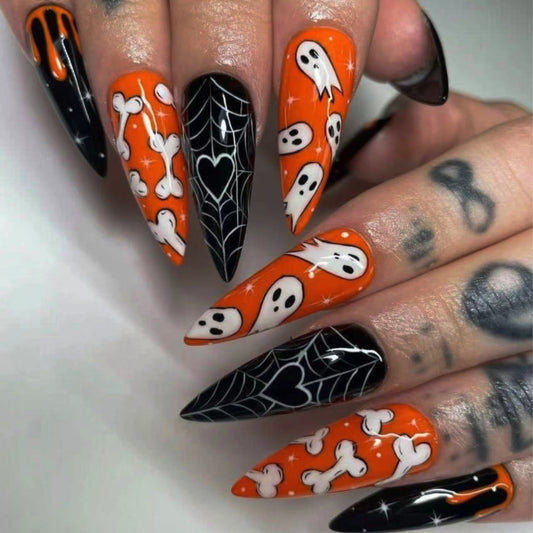 Spooky And Scary Long Stiletto Orange Halloween Press On Nails