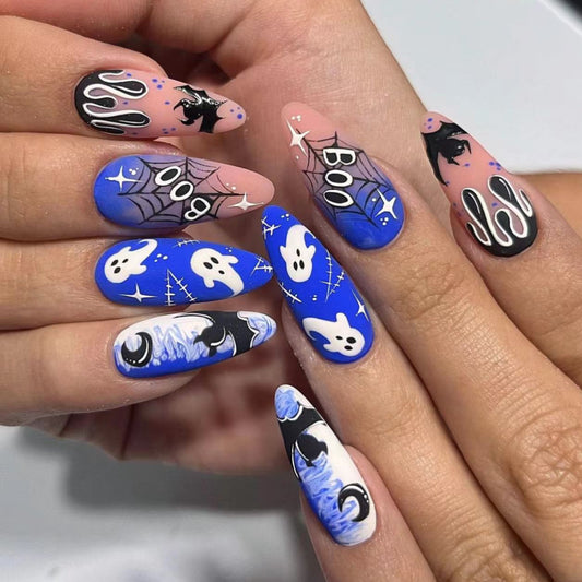 Boo How Are You Long Oval Blue Halloween Press On Nails