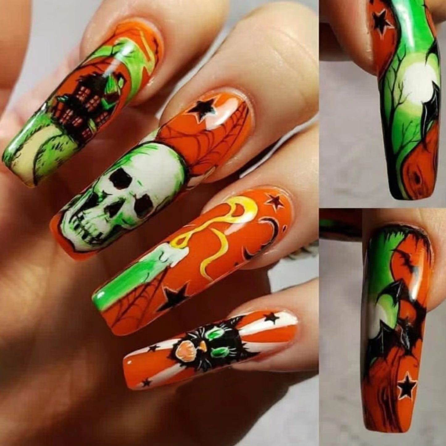 Super Haunted Mansion Long Square Multicolor Halloween Press On Nails