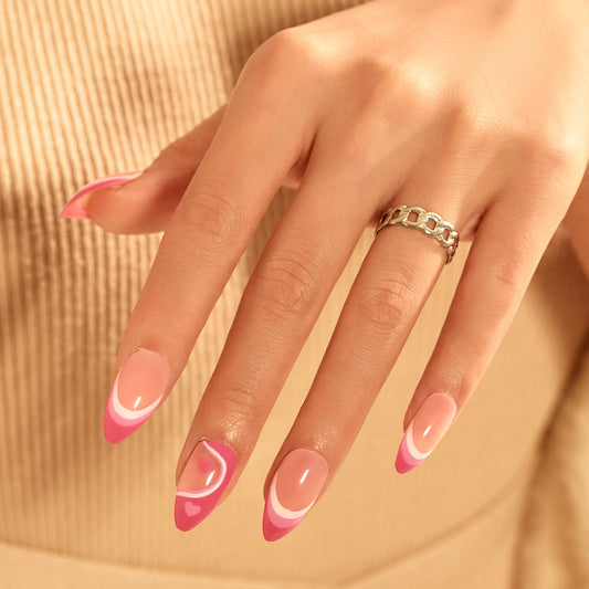 Chic Long Almond Two-Tone Pink French Tip Press On Nails with Heart Detail