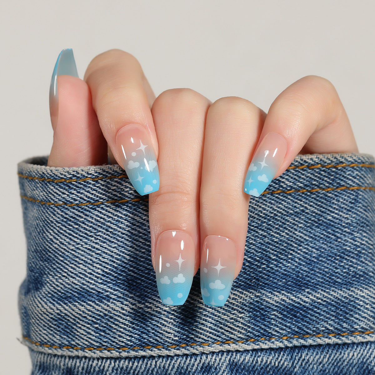 Denim Dreams Medium Coffin Gradient Blue Press On Nail Set with Cloud and Star Patterns