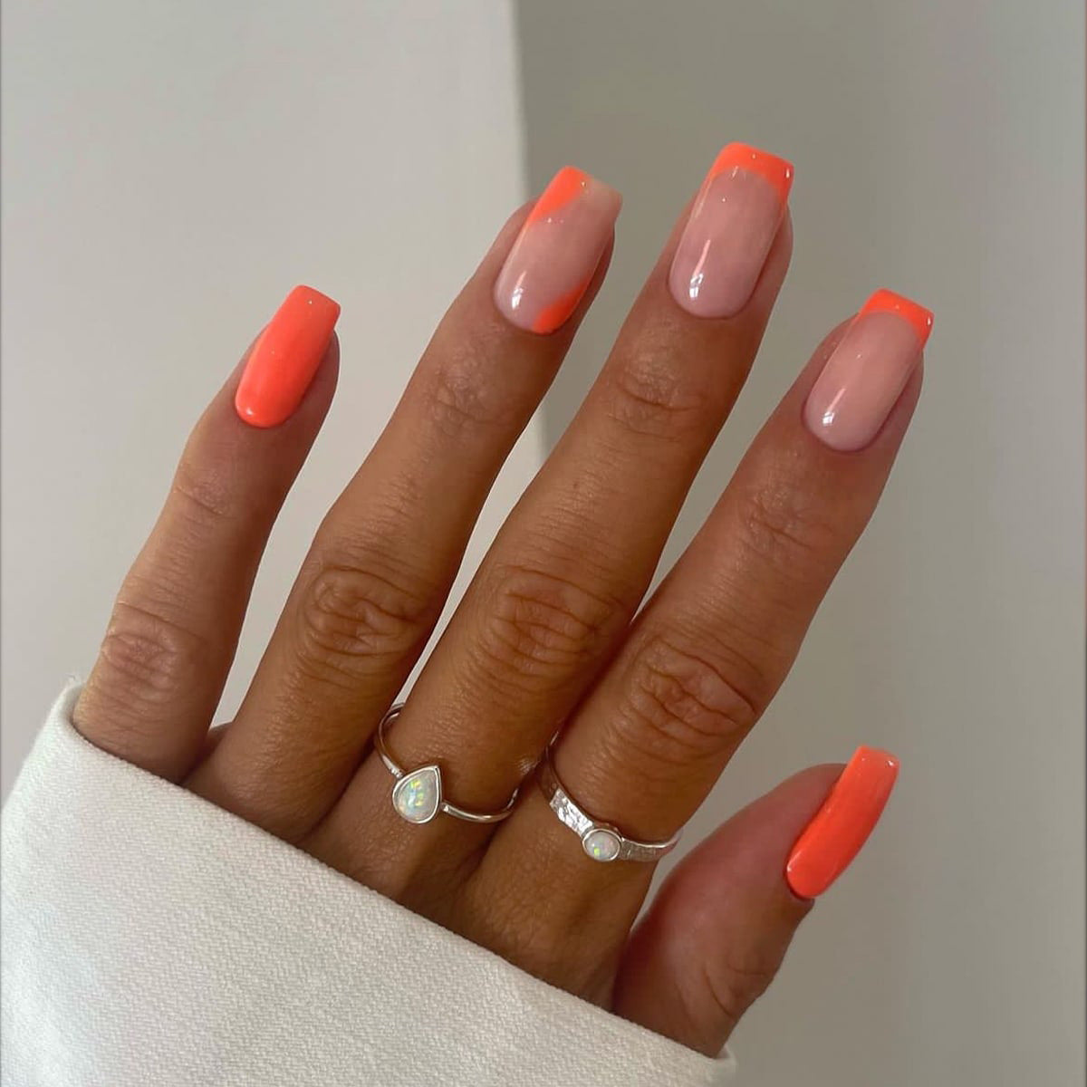 Sunset Glow Long Square Beige Press-On Nail Set with Neon Coral Tips