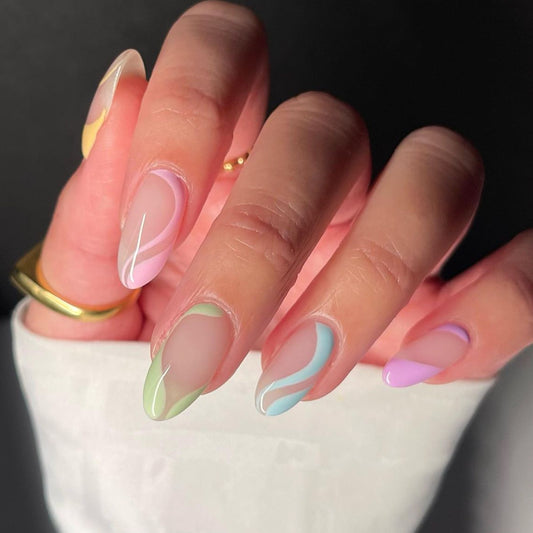 Spring Fling Long Almond Clear Press On Nail Set with Pastel Swirl Accents