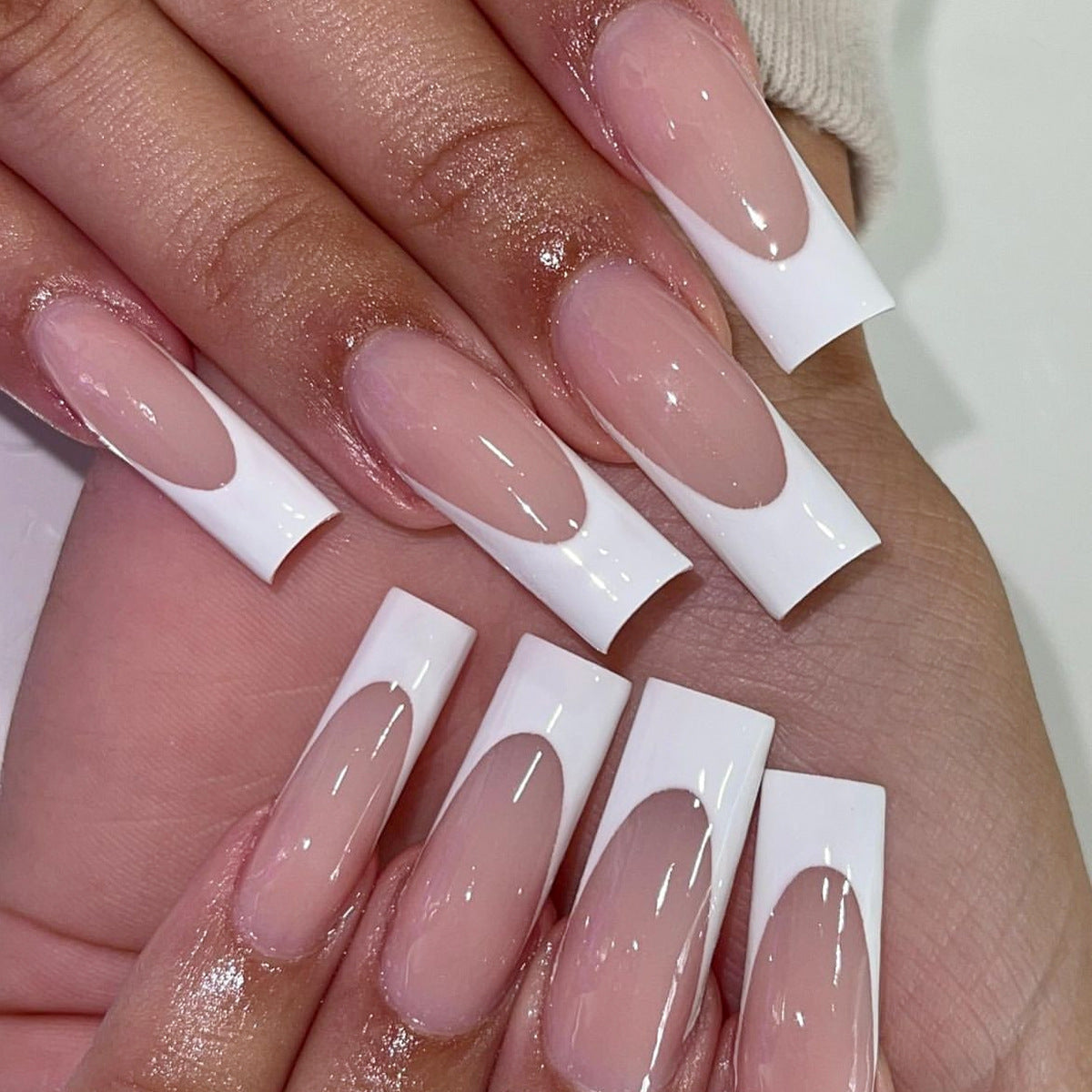 Modern Minimalist Extra Long Square Beige Press On Nails with Glossy Finish