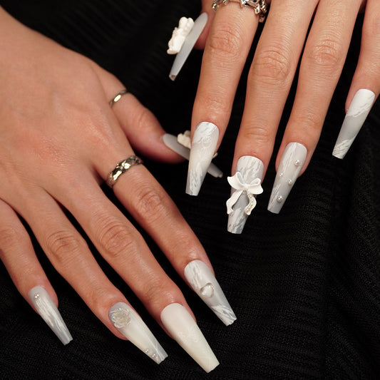 Bridal Bliss Long Coffin White Press On Nails with 3D Floral Embellishments and Pearl Accents