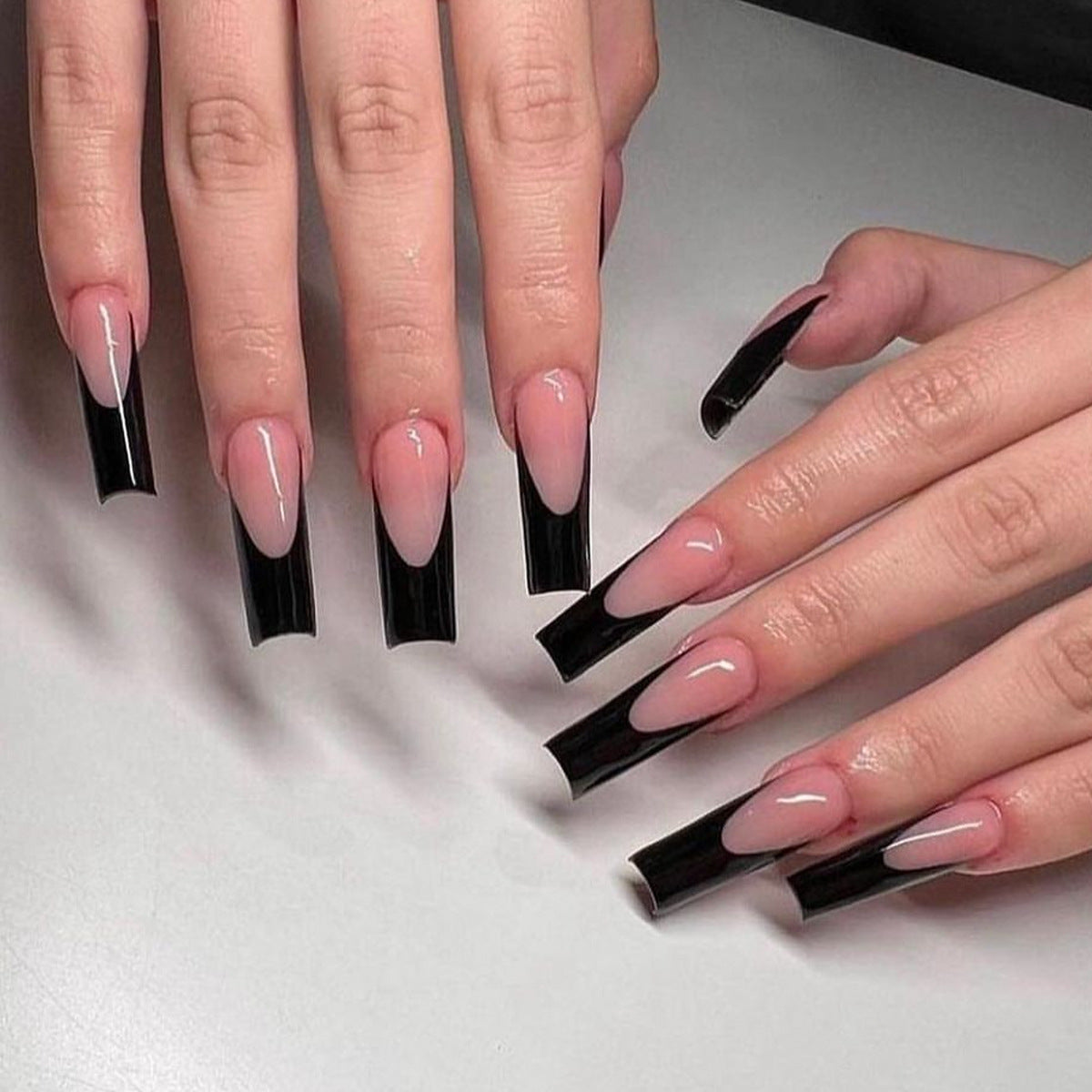 Modern Noir Extra Long Square Beige to Black Ombre Press-On Nail Set with Glossy Finish