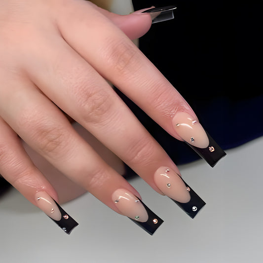 Modern Elegance Extra Long Square Beige to Black Ombre Press On Nails with Gemstone Accents