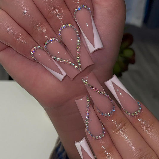 Glamour Cascade Extra Long Coffin Beige Press-On Nail Set with Iridescent Rhinestone Droplets