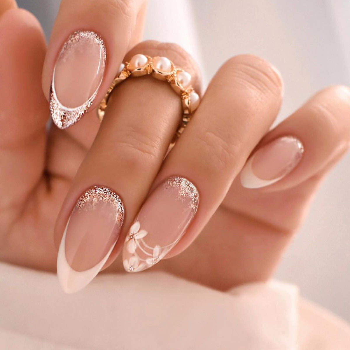 Bridal Elegance Medium Almond Beige Press-On Nails with Glitter Crescent Detail and Floral Accents